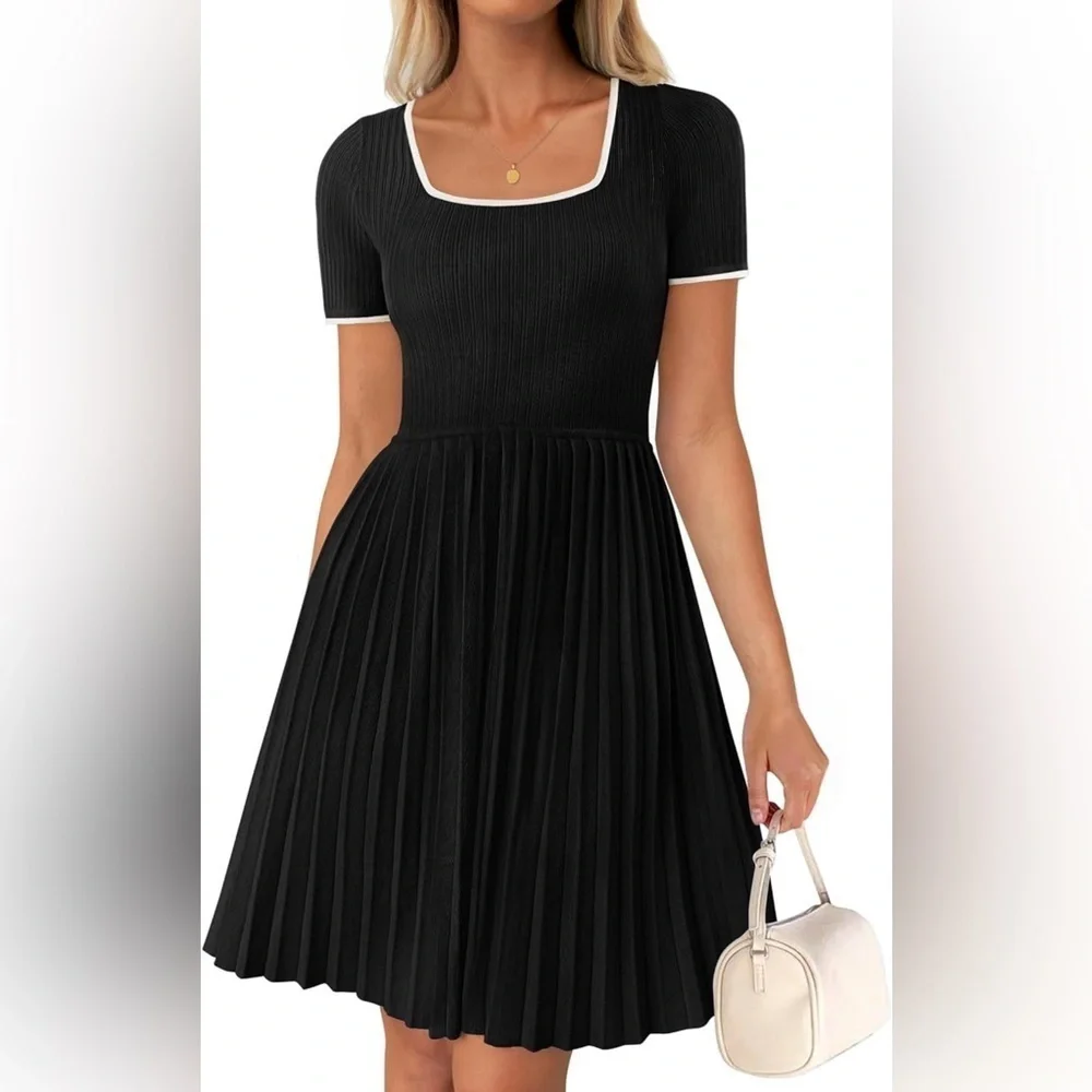 Square Cut Ribbed Little Black Dress NEW Small - Picture 2 of 7